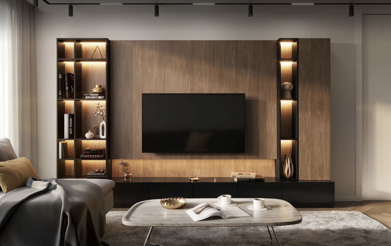 Modern TV wall design, Radiant: Wood
